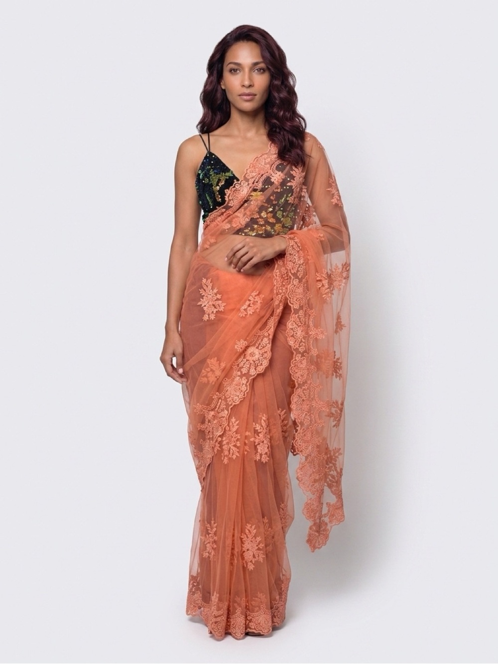 Sequined Crop Top with Coral Lace Saree Draped Skirt